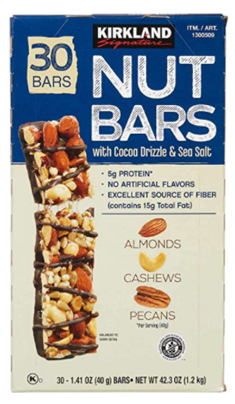 Kirkland Signature, Nut Bars with Cocoa Drizzle & Sea Salt, Almond, Cashew, Pecans, barcode: 0096619215690, has 0 potentially harmful, 2 questionable, and
    3 added sugar ingredients.