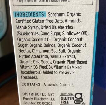 Purely Elizabeth , Vanilla Blueberry Almond Superfood Cereal, barcode: 0810589030035, has 0 potentially harmful, 1 questionable, and
4 added sugar ingredients.