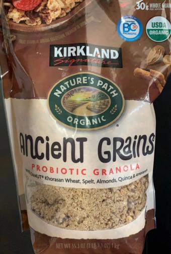 Kirkland Signature, Ancient Grains Probiotic Granola, barcode: 0096619194261, has 1 potentially harmful, 1 questionable, and
    2 added sugar ingredients.