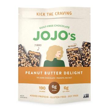 Jojo's Chocolate, PEANUT BUTTER DELIGHT GUILT-FREE CHOCOLATE, PEANUT BUTTER DELIGHT, barcode: 0868089000416, has 0 potentially harmful, 0 questionable, and
    1 added sugar ingredients.