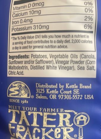 Kettle, Sea salt and vinegar potato chips, barcode: 0084114902160, has 3 potentially harmful, 3 questionable, and
0 added sugar ingredients.