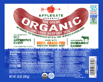 Hormel Foods Corporation , APPLEGATE, THE GREAT ORGANIC UNCURED BEEF HOT DOG, barcode: 0025317005104, has 0 potentially harmful, 0 questionable, and
    0 added sugar ingredients.