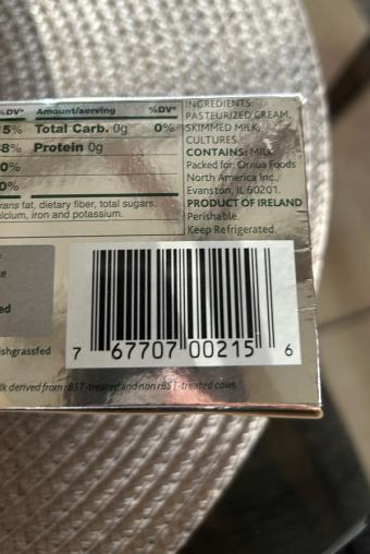 Gs1 Ireland, UNSALTED PURE IRISH BUTTER STICKS, UNSALTED, barcode: 0767707002156, has 0 potentially harmful, 0 questionable, and
    0 added sugar ingredients.