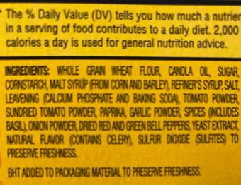 Wheat Thins, Wheat Thins Sundried Tomato & Basil Snacks 8.5 oz, barcode: 0044000069247, has 2 potentially harmful, 4 questionable, and
3 added sugar ingredients.