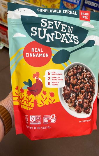 Seven Sundays, Seven Sundays Grain Free Sunflower Real Cinnamon Cereal 8 oz, barcode: 0856088003774, has 0 potentially harmful, 0 questionable, and
    1 added sugar ingredients.