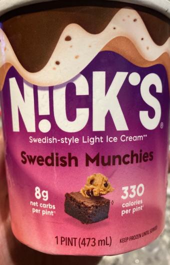 Nick's, Nick's Swedish-Style Light Swedish Munchies Ice Cream 1 pt, barcode: 0850009682666, has 0 potentially harmful, 8 questionable, and
    0 added sugar ingredients.