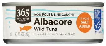 Whole Foods Market, Inc., 365 EVERYDAY VALUE, CHUNK WHITE ALBACORE TUNA, barcode: 0099482448776, has 0 potentially harmful, 0 questionable, and
    0 added sugar ingredients.