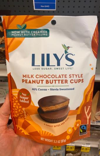 Lily's Sweets, MILK CHOCOLATE STYLE 40% COCOA PEANUT BUTTER CUPS, MILK CHOCOLATE STYLE, barcode: 0810003460400, has 0 potentially harmful, 4 questionable, and
    0 added sugar ingredients.