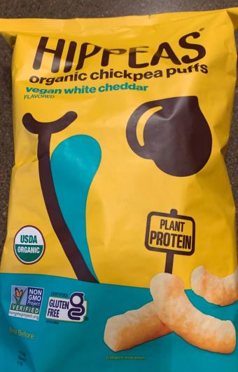 Hippeas, Vegan white cheddar flavored organic chickpea puffs, barcode: 0850126007762, has 0 potentially harmful, 3 questionable, and
    1 added sugar ingredients.