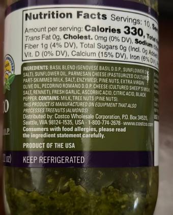 Kirkland Signature, Basil Pesto, barcode: 0096619905515, has 0 potentially harmful, 2 questionable, and
0 added sugar ingredients.