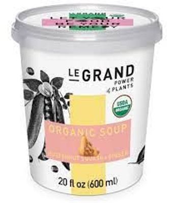 Le Grand, BUTTERNUT SQUASH & GINGER ORGANIC SOUP, BUTTERNUT SQUASH & GINGER, barcode: 0773798027503, has 0 potentially harmful, 1 questionable, and
    0 added sugar ingredients.