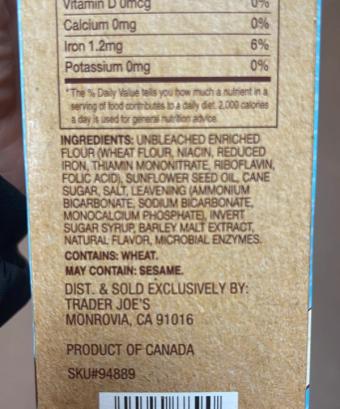 Trader Joe's, Golden rounds crackers, barcode: 0000000948890, has 1 potentially harmful, 3 questionable, and
    2 added sugar ingredients.