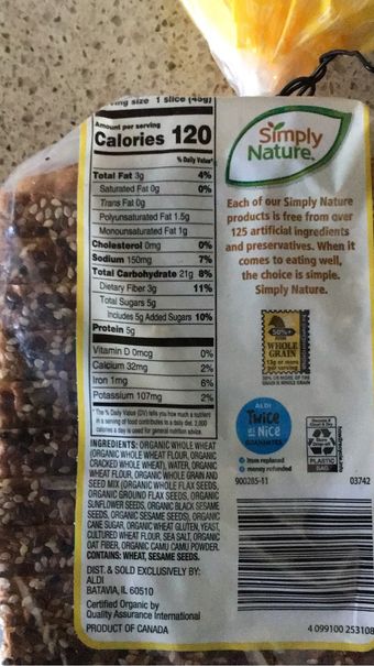 Simply Nature, Seedtastic bread organic, barcode: 4099100253108, has 0 potentially harmful, 0 questionable, and
1 added sugar ingredients.