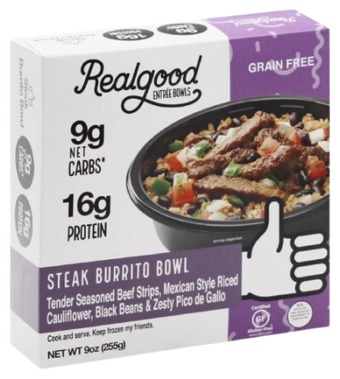 The Real Good Food Company Llc, STEAK BURRITO BOWL TENDER SEASONED BEEF STRIPS, RICED CAULIFLOWER, BLACK BEANS & ZESTY PICO DE GALLO ENTREE BOWLS, STEAK BURRITO BOWL, barcode: 0850010279602, has 0 potentially harmful, 0 questionable, and
    0 added sugar ingredients.