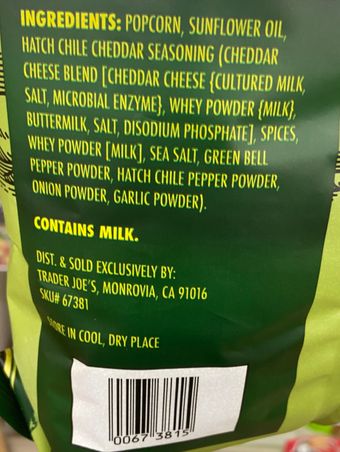 Trader Joe's, Hatch Chile Cheddar Seasoned Popcorn, barcode: 0000000673815, has 0 potentially harmful, 2 questionable, and
    0 added sugar ingredients.