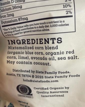 Siete, Siete blue corn chips, barcode: 0810091780589, has 0 potentially harmful, 0 questionable, and
    0 added sugar ingredients.
