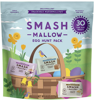 Smashmallow, Smashmallow Egg Hunt Pack Fun Size Snackable Marshmallows 30 ea, barcode: 0857944006502, has 0 potentially harmful, 5 questionable, and
    3 added sugar ingredients.