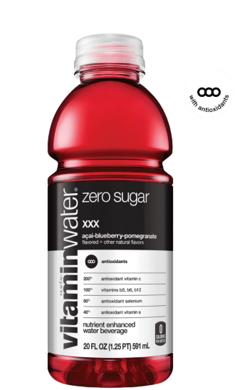 Vitaminwater, vitaminwater XXX Zero Sugar Acai-Blueberry-Pomegranate Nutrient Enhanced Water Beverage 20 oz, barcode: 0786162002969, has 0 potentially harmful, 6 questionable, and
    0 added sugar ingredients.