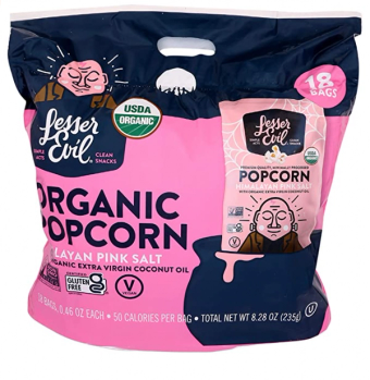 Lesser Evil, LESSEREVIL Organic Himalayan Pink Salt Popcorn 18 Count, 8.28 OZ, barcode: 850021522841, has 0 potentially harmful, 0 questionable, and
    0 added sugar ingredients.