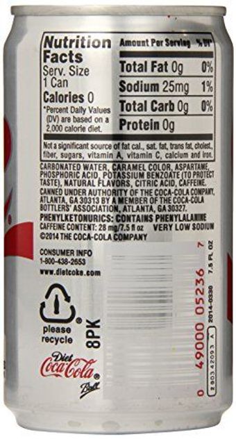 The Coca-cola Company, Diet Coke Cans, 7.5 fl oz, 6 Pack, barcode: 0049000061055, has 4 potentially harmful, 2 questionable, and
0 added sugar ingredients.
