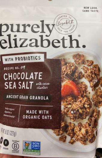 Purely Elizabeth , CHOCOLATE SEA SALT PROBIOTIC GRANOLA, CHOCOLATE SEA SALT, barcode: 0855140002687, has 0 potentially harmful, 1 questionable, and
2 added sugar ingredients.