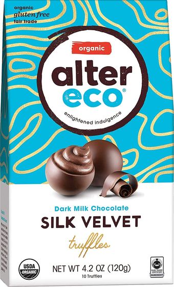 Alter Eco Americas Inc., SILK VELVET ORGANIC DARK MILK CHOCOLATE TRUFFLES, SILK VELVET, barcode: 0817670010334, has 0 potentially harmful, 1 questionable, and
    1 added sugar ingredients.