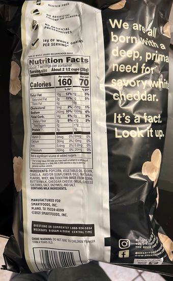 Smartfood, Smartfood Flavored Popcorn White Cheddar 6 3/4 Oz, barcode: 0028400314015, has 3 potentially harmful, 2 questionable, and
    0 added sugar ingredients.