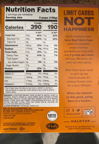 Halo Top, Halo Top Keto Peanut Butter Chocolate Pops 4 - 2.65 fl oz Pops, barcode: 0070640021451, has 5 potentially harmful, 6 questionable, and
    1 added sugar ingredients.