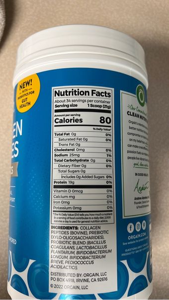 Orgain, Collagen Peptides + Probiotics, barcode: 0851770008785, has 0 potentially harmful, 0 questionable, and
0 added sugar ingredients.