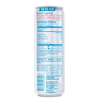 Red Bull North America, Inc., Red Bull Sugar Free, barcode: 0611269101713, has 2 potentially harmful, 2 questionable, and
0 added sugar ingredients.