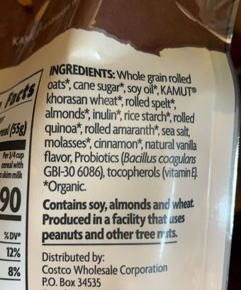 Kirkland Signature, Ancient Grains Probiotic Granola, barcode: 0096619194261, has 1 potentially harmful, 1 questionable, and
    2 added sugar ingredients.