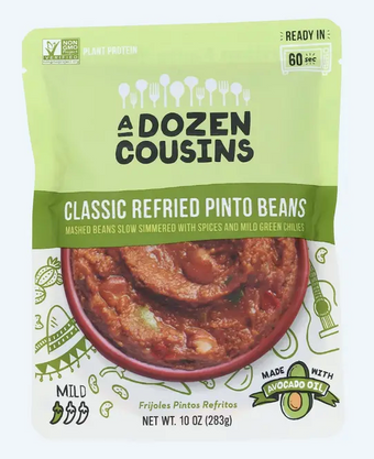 A Dozen Cousins Llc, MILD CLASSIC REFRIED PINTO BEANS SLOW SIMMERED WITH SPICES AND MILD GREEN CHILIES, barcode: 0812446030158, has 0 potentially harmful, 0 questionable, and
    0 added sugar ingredients.