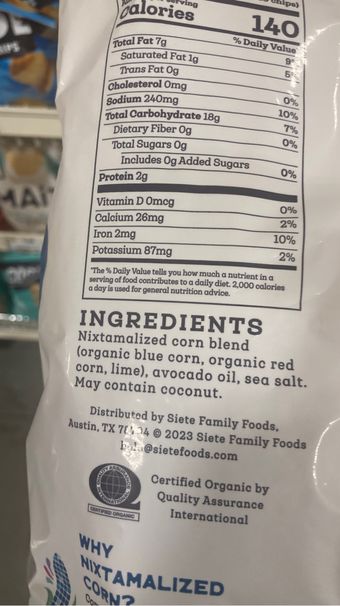 Siete, Siete blue corn chips, barcode: 0810091780589, has 0 potentially harmful, 0 questionable, and
    0 added sugar ingredients.