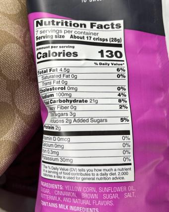 Popcorners, Popcorners Cinnamon Crunch, barcode: 0810607024534, has 0 potentially harmful, 2 questionable, and
    2 added sugar ingredients.
