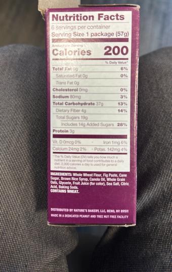 Nature's Bakery Llc, ORIGINAL FIG BAR, ORIGINAL, barcode: 0047495210026, has 2 potentially harmful, 1 questionable, and
    3 added sugar ingredients.