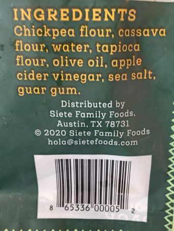 Siete, Siete Chickpea Flour Grain Free Tortillas 8 ea, barcode: 0865336000052, has 0 potentially harmful, 1 questionable, and
    0 added sugar ingredients.
