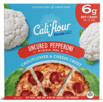 Cali'flour Foods, Califlour Foods Cauliflower & Cheese Crust Uncured Chicken Pepperoni Pizza 9.95 oz, barcode: 0856082007600, has 0 potentially harmful, 1 questionable, and
    1 added sugar ingredients.