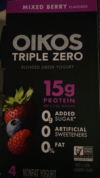 Danone Us, Llc, MIXED BERRY FLAVOR TRIPLE ZERO BLENDED GREEK NONFAT YOGURT, MIXED BERRY, barcode: 0036632019622, has 0 potentially harmful, 3 questionable, and
0 added sugar ingredients.