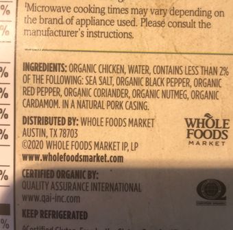 Whole Foods Market, Organic Bratwurst Chicken Sausage, barcode: 0099482476762, has 0 potentially harmful, 0 questionable, and
    0 added sugar ingredients.