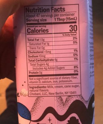 Chobani, Chobani Sweet Cream Coffee Creamer 24 fl oz, barcode: 0818290016928, has 0 potentially harmful, 1 questionable, and
    1 added sugar ingredients.