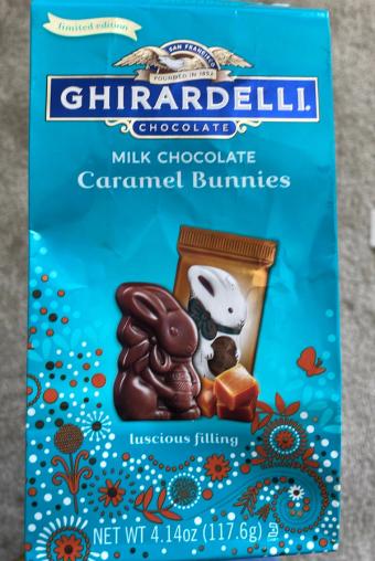 Ghirardelli Chocolate Company, MILK CHOCOLATE CARAMEL BUNNIES, MILK CHOCOLATE CARAMEL, barcode: 0747599322983, has 0 potentially harmful, 3 questionable, and
    2 added sugar ingredients.