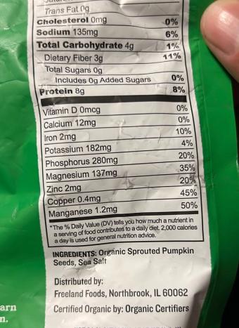 Go Raw, sprouted organic pumpkin seeds, barcode: 0810032300463, has 0 potentially harmful, 0 questionable, and
    0 added sugar ingredients.