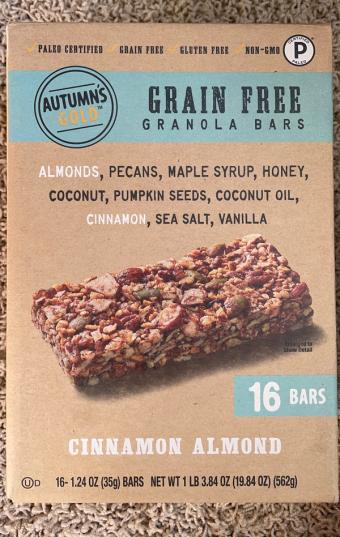 Autumn's Gold, Autumn's Gold Grain Free Cinnamon Almond Granola Bars 16 ea, barcode: 0016000140318, has 0 potentially harmful, 0 questionable, and
2 added sugar ingredients.