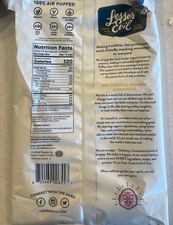 Lesser Evil, Himalayan Gold Organic Popcorn, barcode: 0855469006557, has 0 potentially harmful, 0 questionable, and
    0 added sugar ingredients.