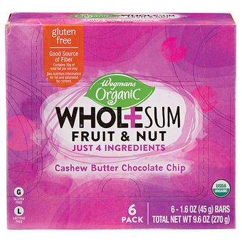 Wegmans Food Markets, Inc., Wegmans Organic Cashew Butter Chocolate Chip Wholesum Fruit & Nut Bars, barcode: 0778905374040, has 0 potentially harmful, 0 questionable, and
1 added sugar ingredients.