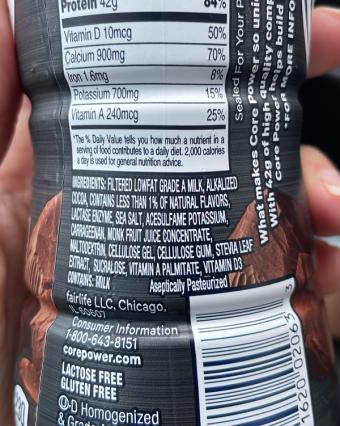 Core Power, Elite High Protein Milkshake, barcode: 0811620020633, has 6 potentially harmful, 2 questionable, and
    1 added sugar ingredients.