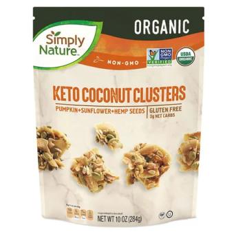 Simply Nature, Keto coconut clusters, barcode: 4099100266047, has 0 potentially harmful, 4 questionable, and
    1 added sugar ingredients.