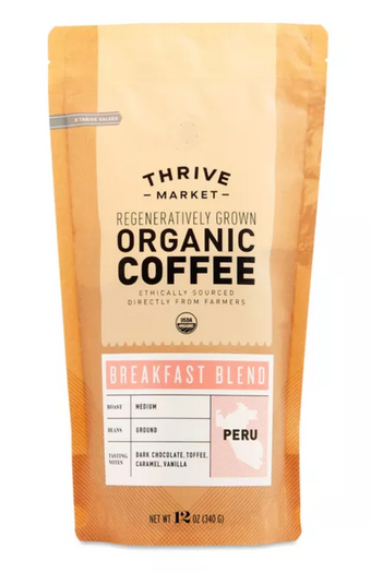 Thrive Market, Thrive Market, Organic Breakfast Blend Coffee, Ground, barcode: 0007163570608, has 0 potentially harmful, 0 questionable, and
    0 added sugar ingredients.