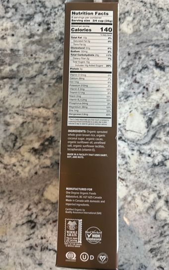 Morgan Wholesale Building Material, Co., SPROUTED BROWN RICE CACAO CRISPS, BROWN RICE CACAO, barcode: 0675625355011, has 0 potentially harmful, 1 questionable, and
    1 added sugar ingredients.