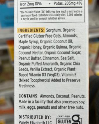 Purely Elizabeth , Honey Peanut Butter Superfood Cereal, barcode: 0810589031698, has 0 potentially harmful, 0 questionable, and
4 added sugar ingredients.